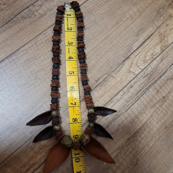 Tribal Bohemian necklace brown leather rock & lava beads Boho Rustic Jewlery - Picture 14 of 17